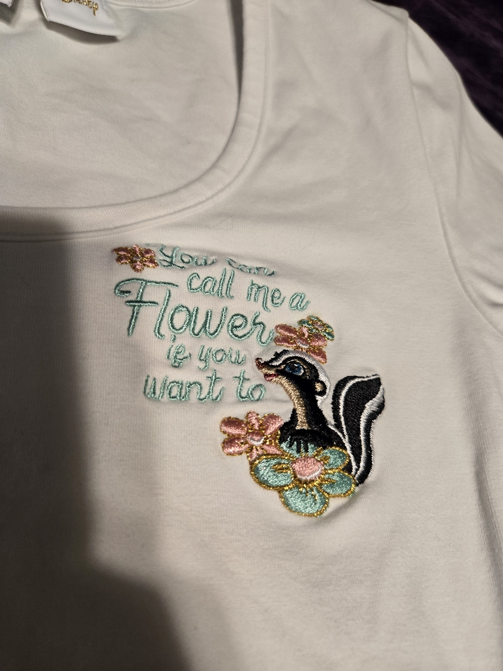 Loungefly White Scoop Tank with Floral & Skunk Embroidery